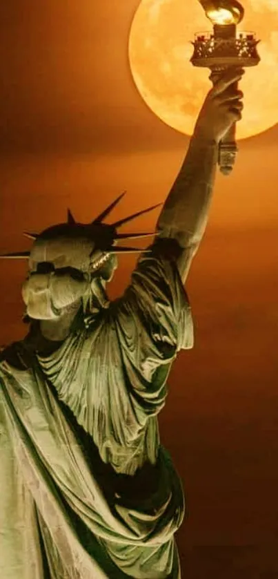 Statue of Liberty with full moon in a copper-toned night sky.