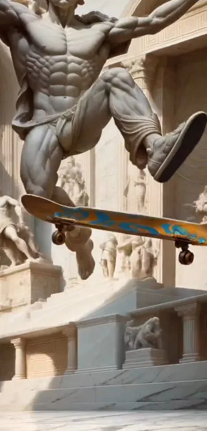 Classical statue doing a skateboard trick in an artistic setting.