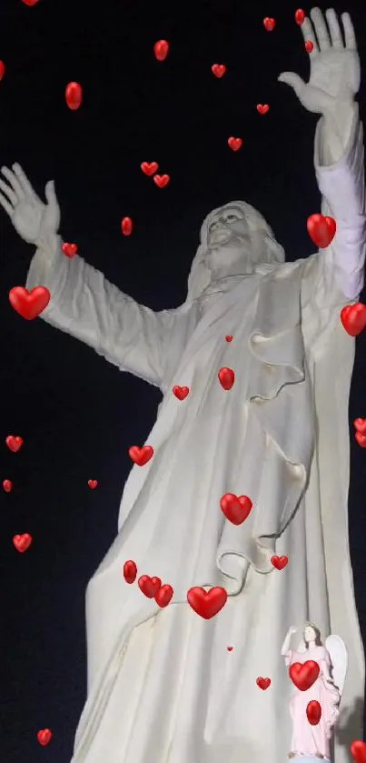 White statue with floating red hearts against a black sky.