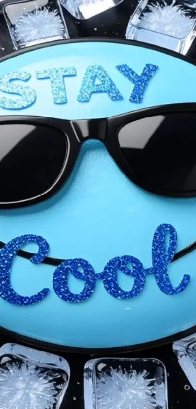 Stay Cool emoji with sunglasses on blue background.