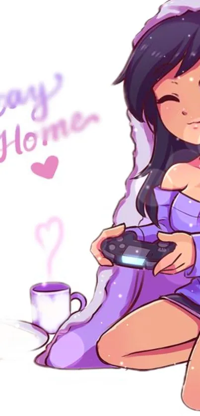 Anime girl gaming at home with a console, cozy and relaxing vibe, lavender theme.