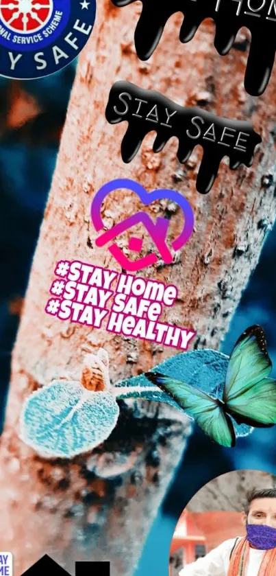 Stay Home themed wallpaper with butterfly and motivational text.