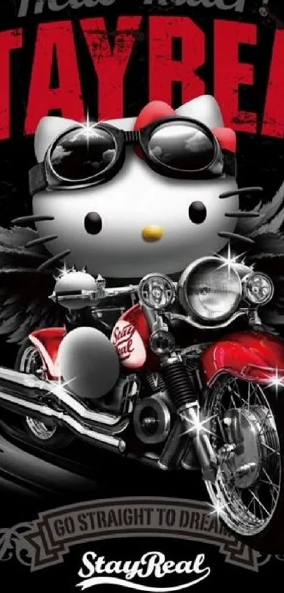 Hello Kitty on motorcycle with Stay Real theme, black and edgy design.