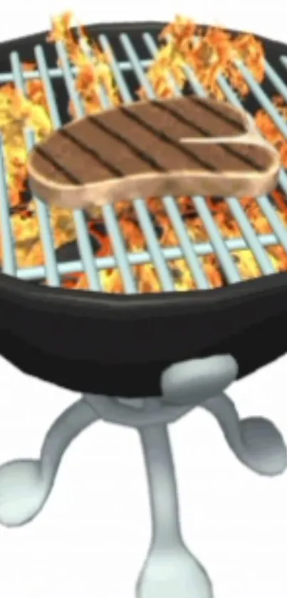 Grill with flaming steak and orange flames under a black barbecue.