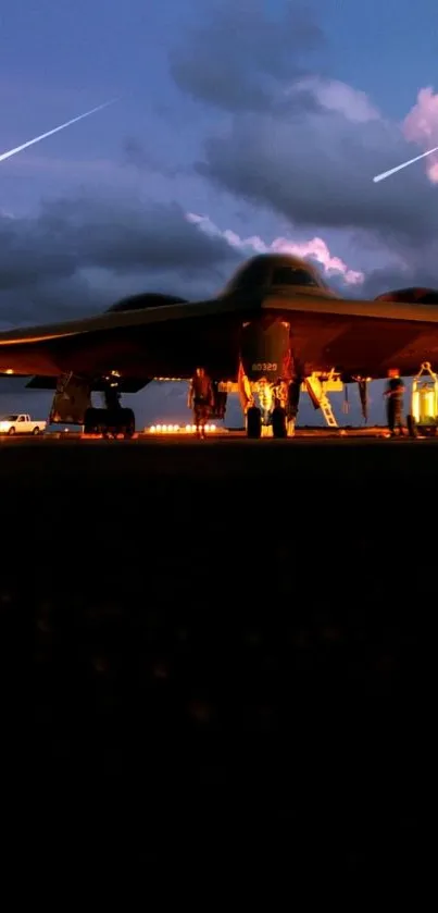 Stealth aircraft under a dramatic evening sky with vibrant lighting.