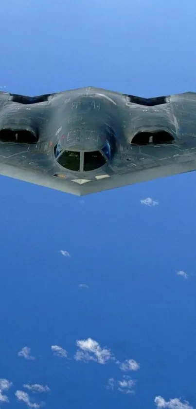 Stealth bomber flying high in a clear blue sky.