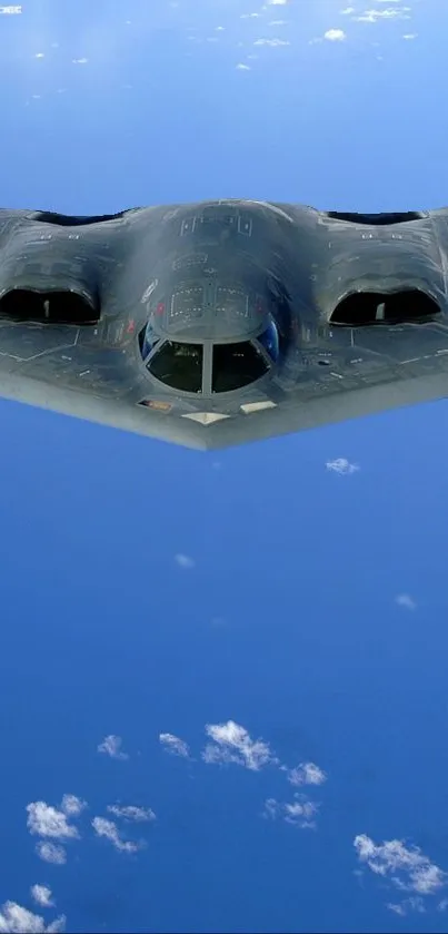 Stealth bomber flying high in a clear blue sky.