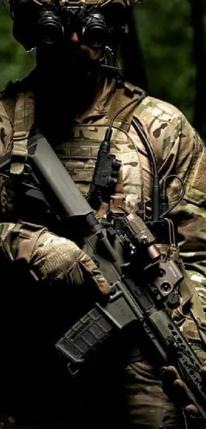 Soldier in tactical gear with night vision, set in a dark forest.