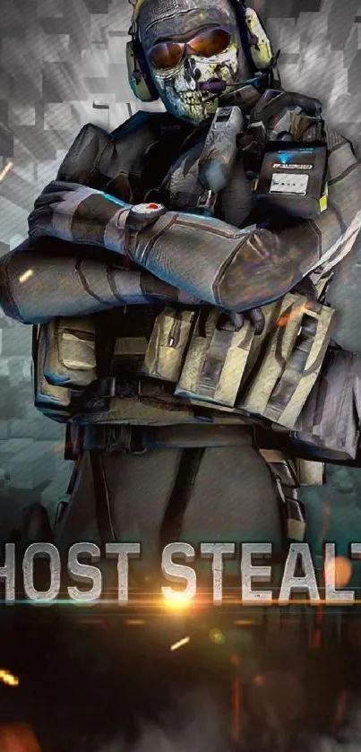 Masked soldier with tactical gear in stealth-themed mobile wallpaper.