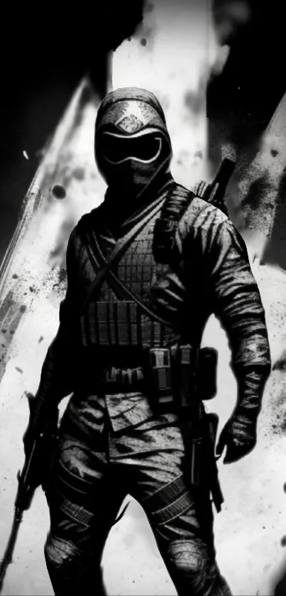 Monochrome wallpaper featuring a stealth warrior in tactical gear.