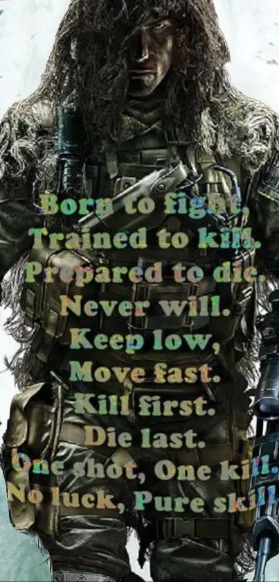 Stealth soldier in tactical gear with motivational quotes in a wallpaper design.