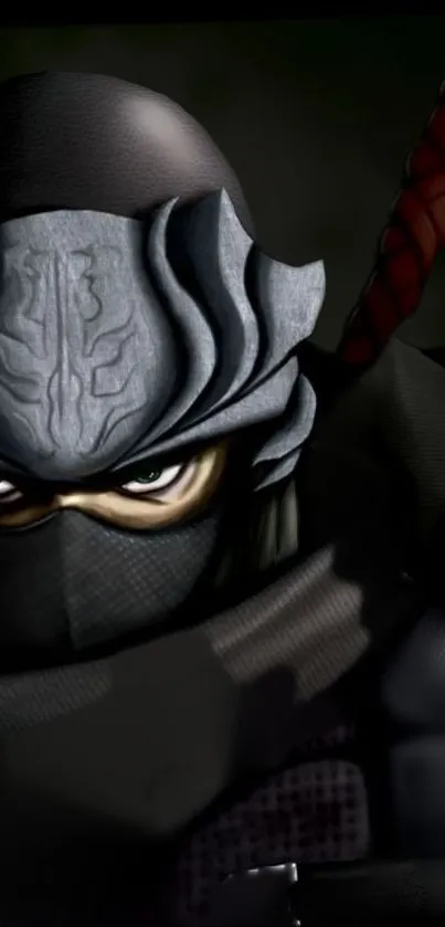 Dark gray armored ninja with sword on mobile wallpaper.