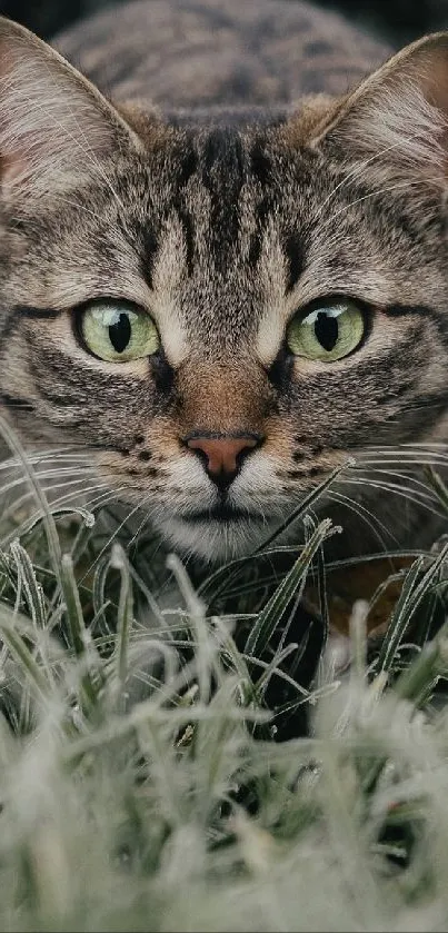 Stealthy tabby cat with green eyes in frosty grass.