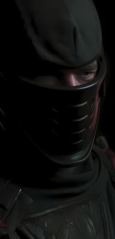 Dark ninja in armor with mysterious hood and mask, creating a stealthy vibe.