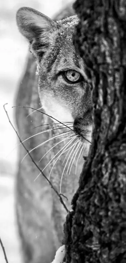 Black and white image of a puma hiding behind a tree.