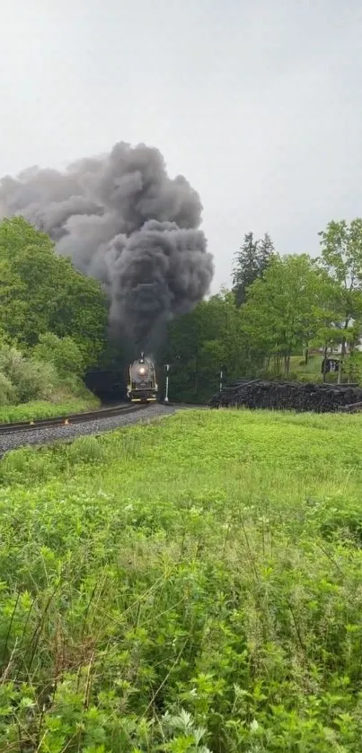 Steam train on tracks amidst lush green nature with dark smoke rising.