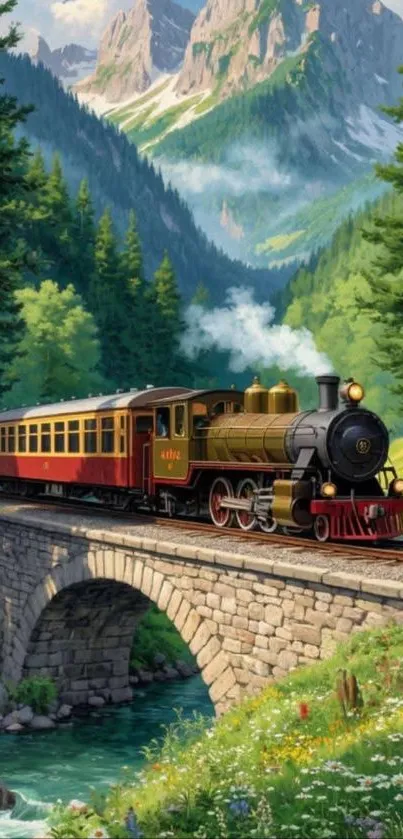 Vintage steam train crossing a bridge in a picturesque mountain landscape.