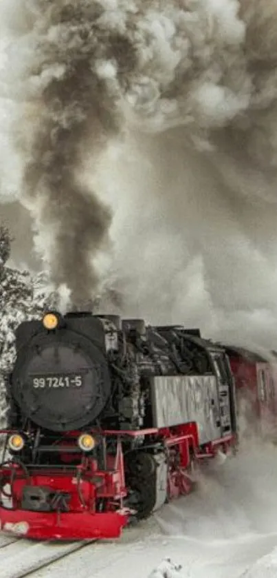 Vintage steam train powering through snowy landscape.