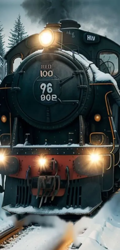 Steam train traversing a snowy forest landscape with headlights on.