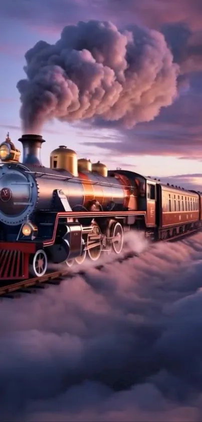 Vintage steam train traveling through clouds in sky.