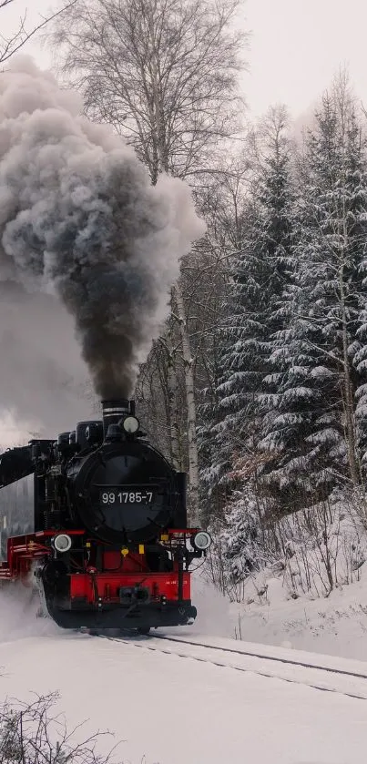 Steam train in a snowy winter forest with billowing smoke.