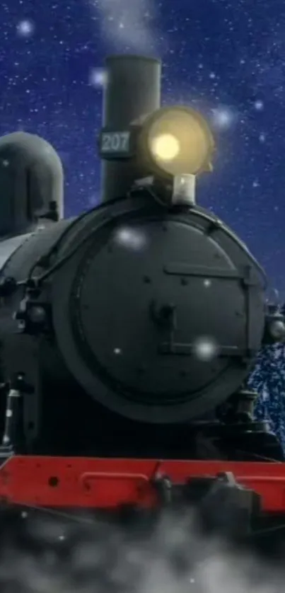 Steam train under a starry winter night sky with falling snow.