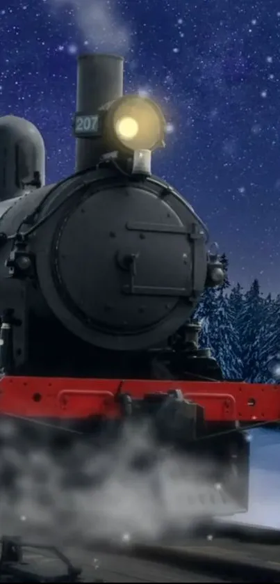 Steam train moves through snowy forest under starry winter night sky.