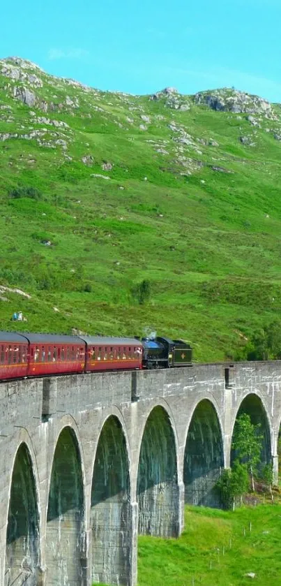 Steam train crossing a scenic viaduct with lush green hills.