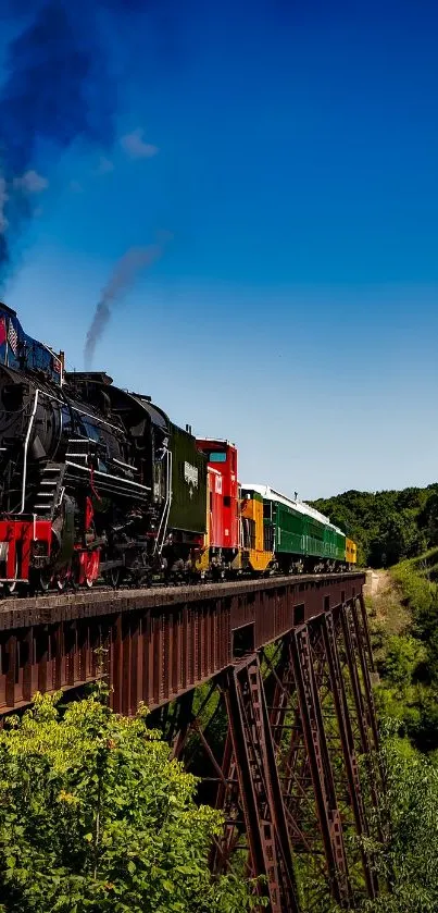 Steam engine on a bridge in a lush landscape with blue sky.