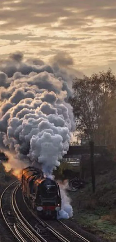 Vintage steam train journeys through autumn landscape under dramatic sky.