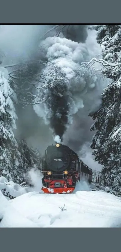 Steam train traveling through a snowy forest, emitting grey smoke.