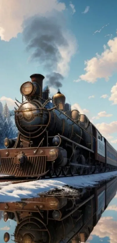 A classic steam train traveling through a snowy landscape with a reflection on water.