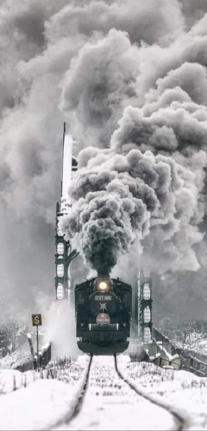 Steam train moving through a snowy winter landscape with gray smoke billowing.