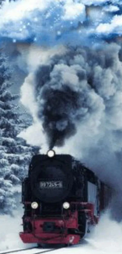 Steam train in snowy winter landscape with clouds overhead.