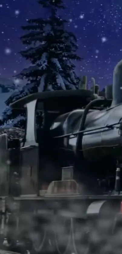 Steam train on a snowy winter night with starry sky.