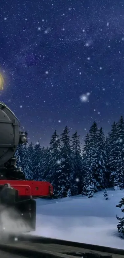 Steam train in snowy forest at night with starry sky.