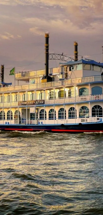 Steamboat gliding across river at sunset with golden sky and reflections.