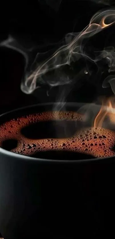 Steaming dark coffee in a cup with visible swirls.