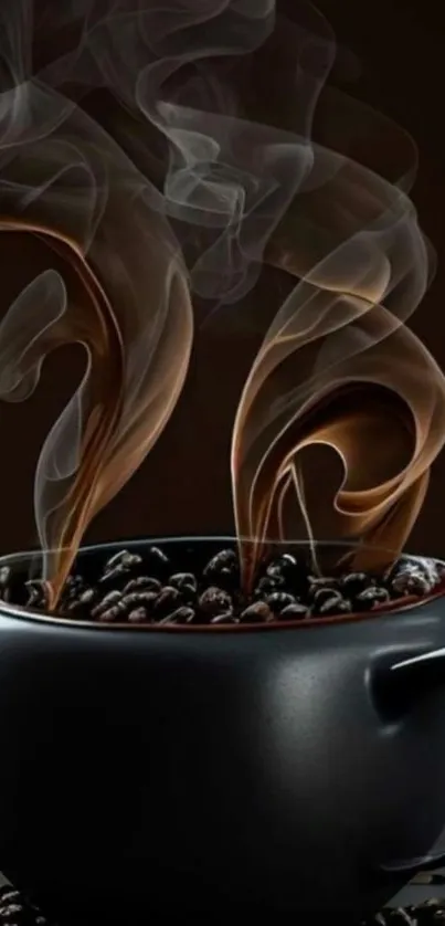 Steaming coffee beans in a black cup.