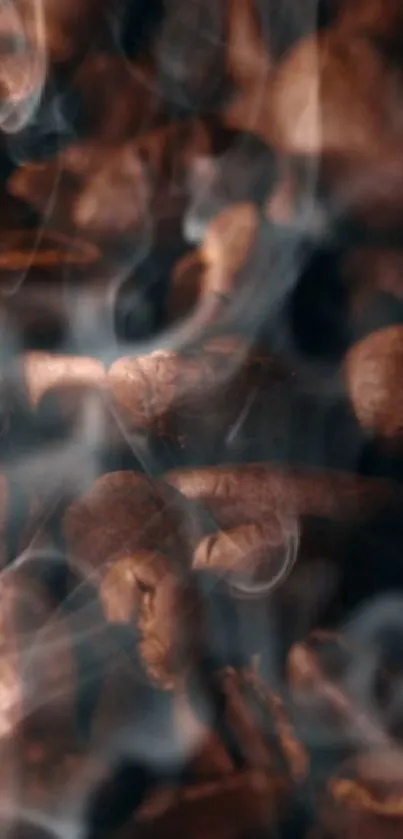 Steaming brown coffee beans with visible smoke.