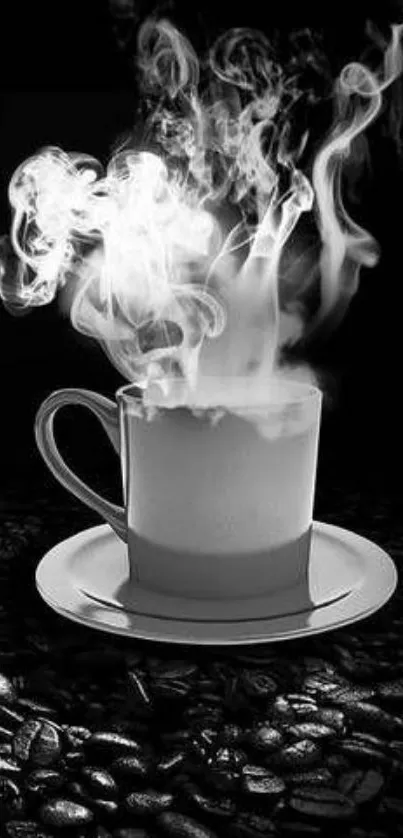 Black and white coffee cup with rising steam, artistic and elegant.