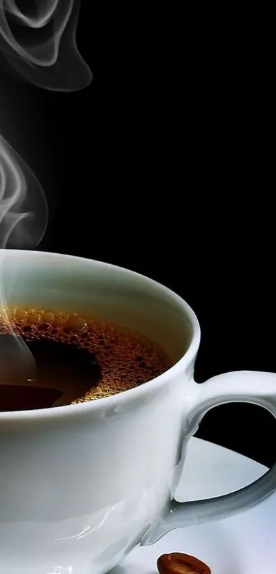 Steaming cup of coffee with black background; elegant and calming mobile wallpaper.