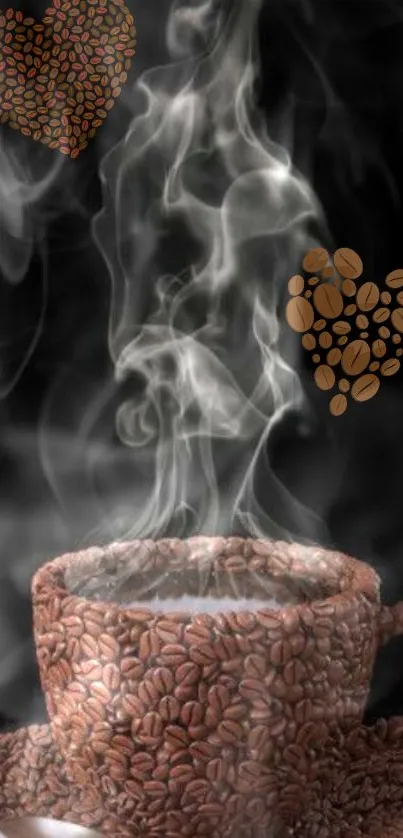 Artistic steaming coffee cup on black background with heart-shaped beans.