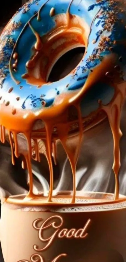 Steaming coffee with dripping doughnut art.