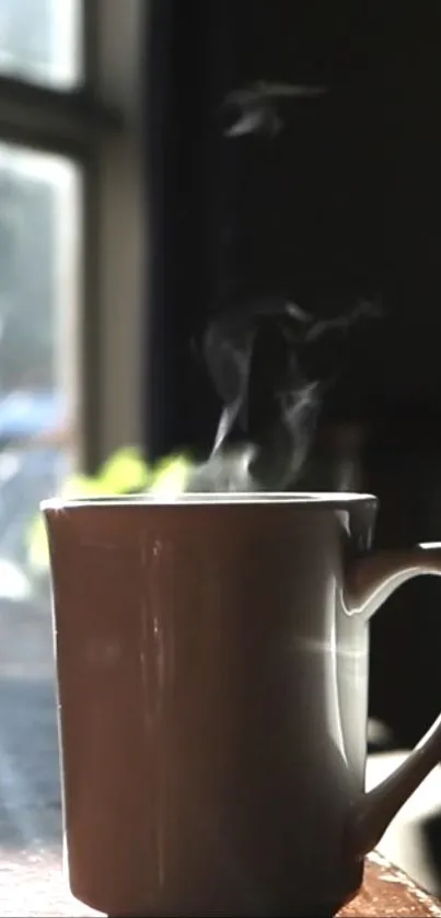 Steaming coffee mug by a sunlit window.