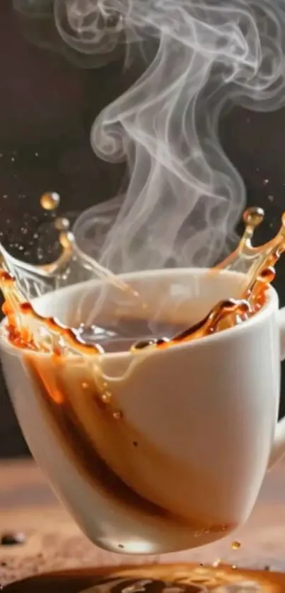 Steaming coffee splash in a white cup.