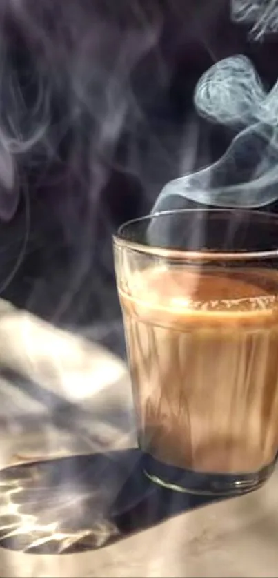 Steaming tea glass with swirling smoke artfully displayed.