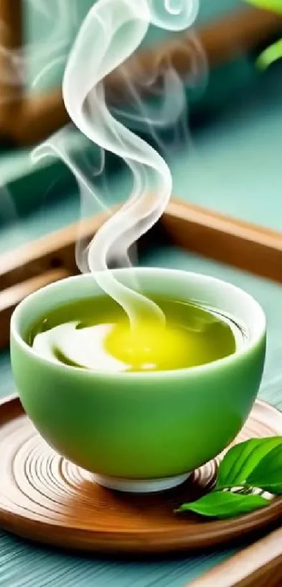 A steaming cup of green tea on a wooden tray with leaves.