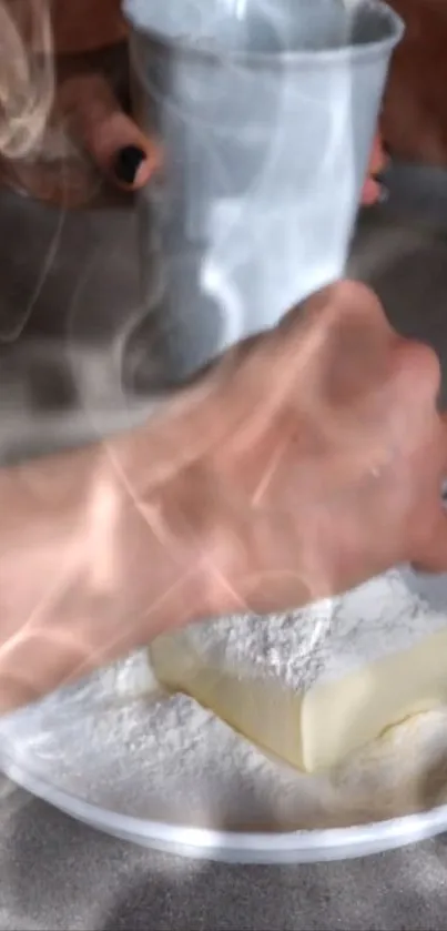 Steaming flour and butter on a plate in a kitchen setting.