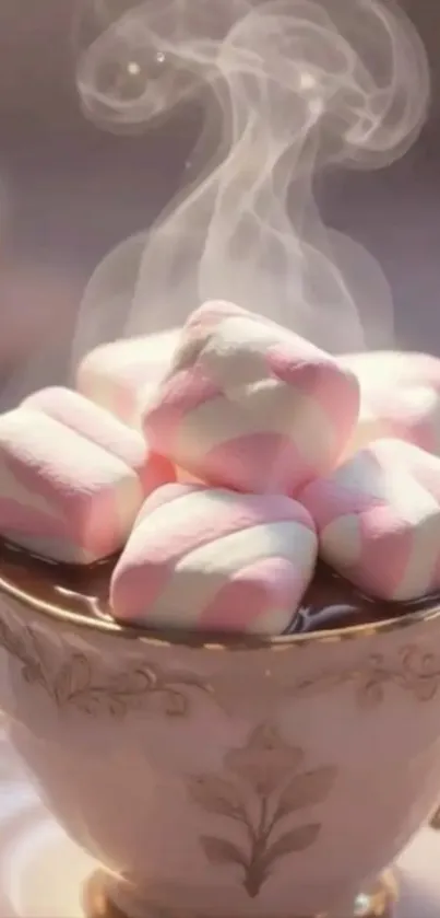 Steaming marshmallows in a teacup on a cozy background.